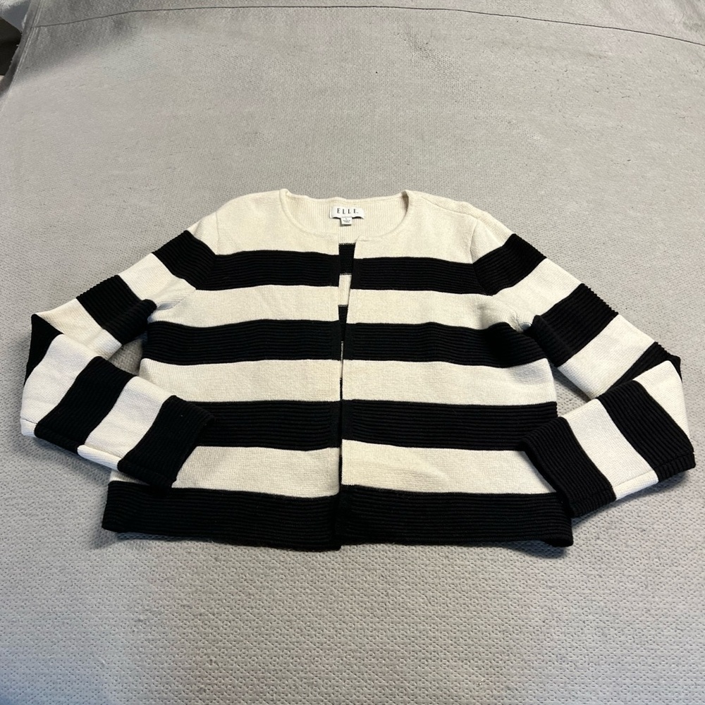 ELLE Black & White Striped Heavyweight Knit Open Sweater Cardigan Jacket Large